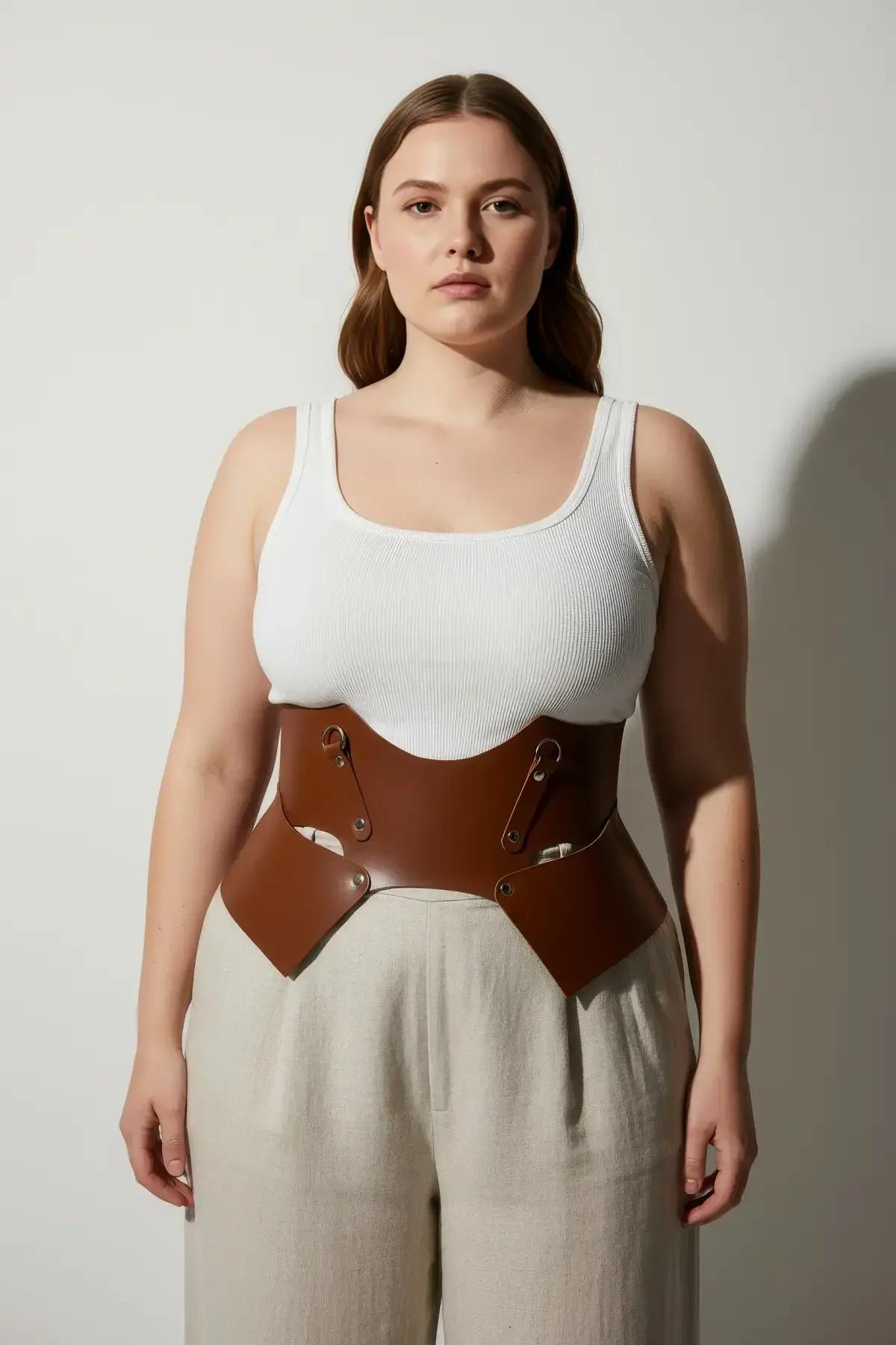plus size model wearing cognac brown faux leather underbust cinch harness over wide-leg linen trousers