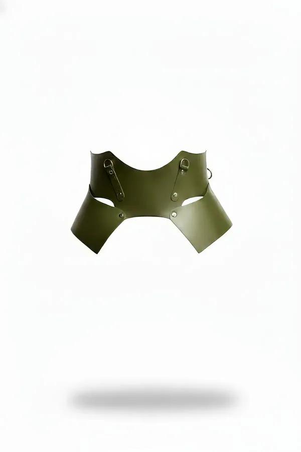 olive green structured waist harness matte faux leather wide panels silver D-rings and rivet hardware front view