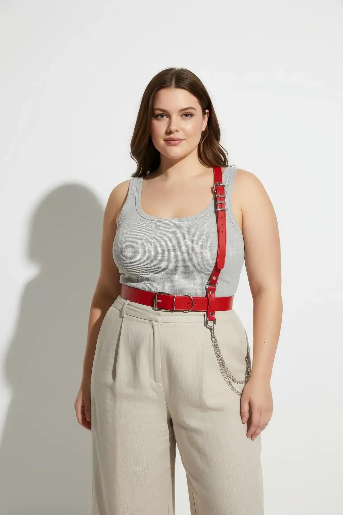 Red harness belt shoulder straps crossing over chest, adjustable back view detail