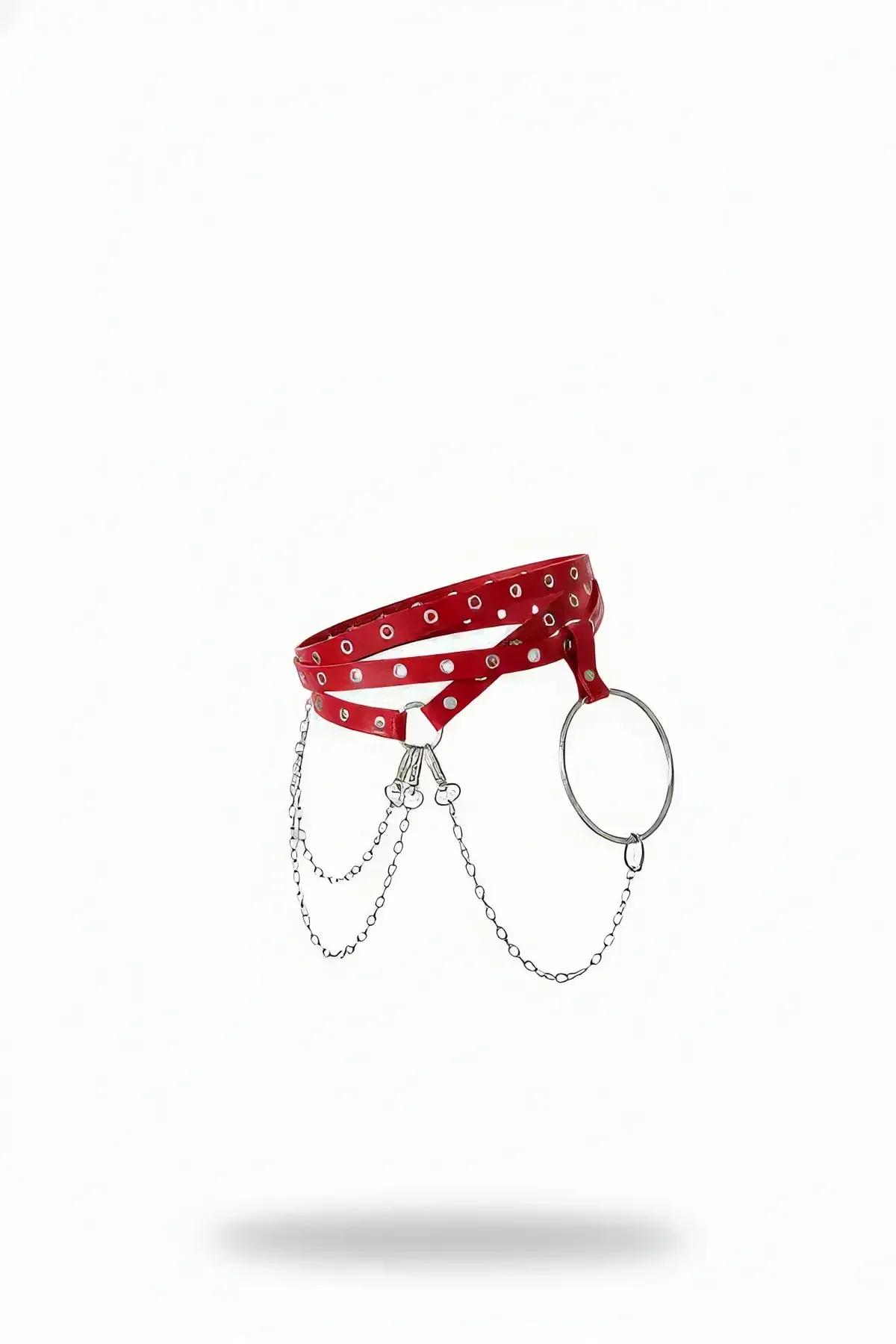 Red vegan leather double-wrap waist harness with silver eyelets, large O-ring, and draped link chains