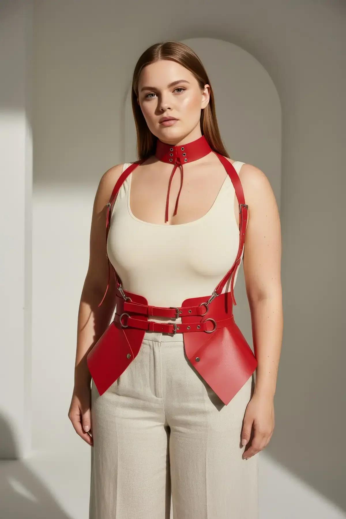 kırmızı korse harness krem pantolon kombinasyonu, günlük davet stili