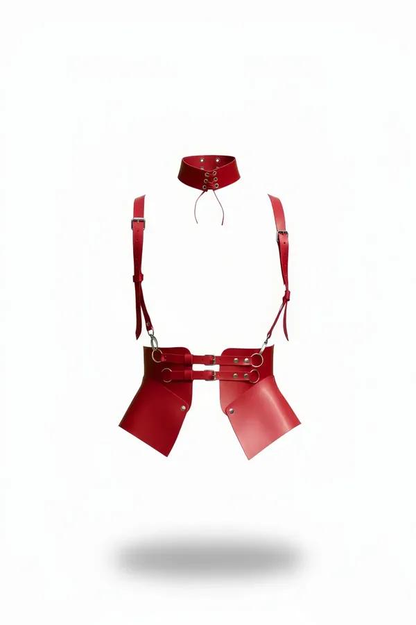 red faux leather collar shoulder hip harness with lace-up choker and structured wide hip panels silver hardware