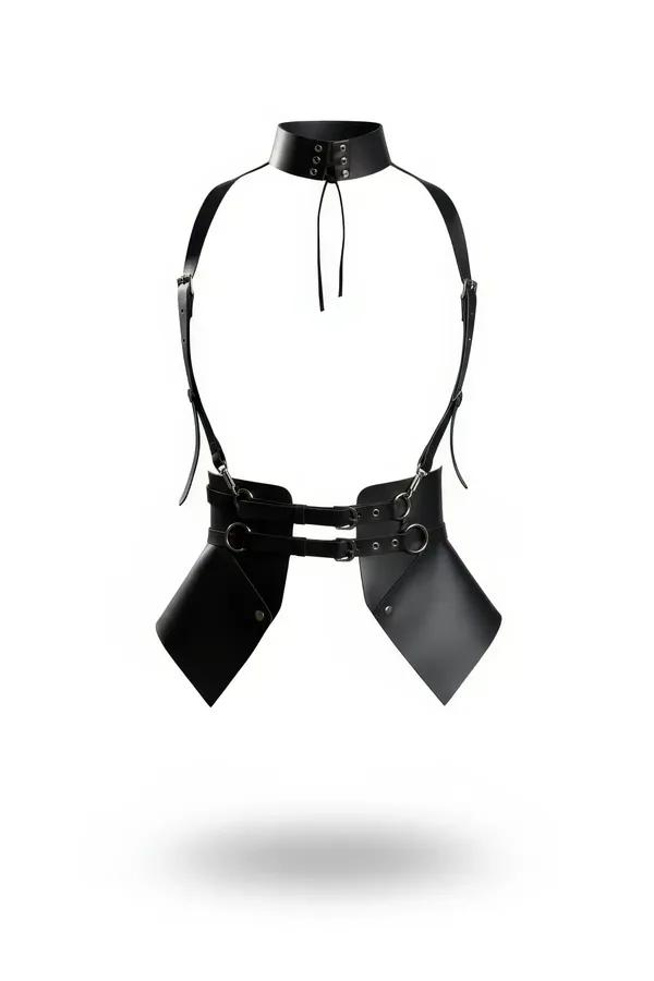 black faux leather choker harness with angular structured hip panels and silver O-ring hardware, front view