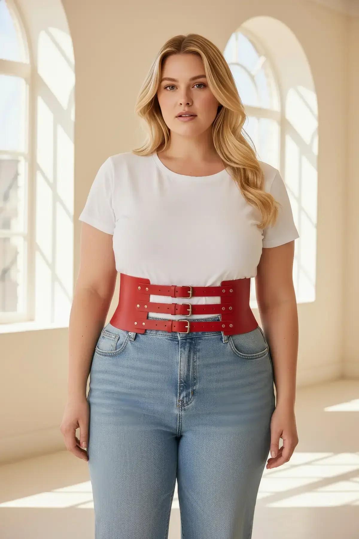red wide waist harness belt back view showing full 10 cm band height and buckle hardware