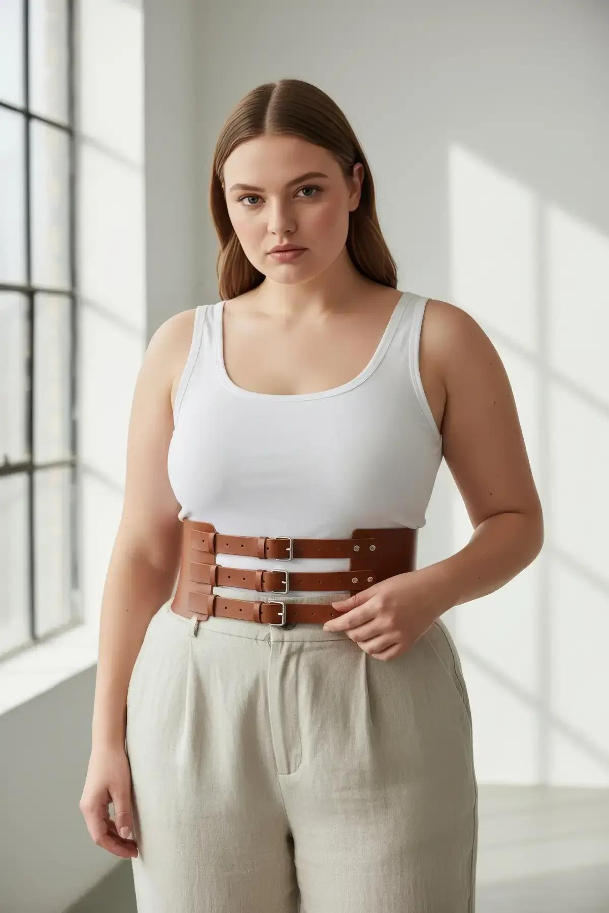 flat lay of brown faux leather three-buckle cinch harness belt showing strap detail and hardware