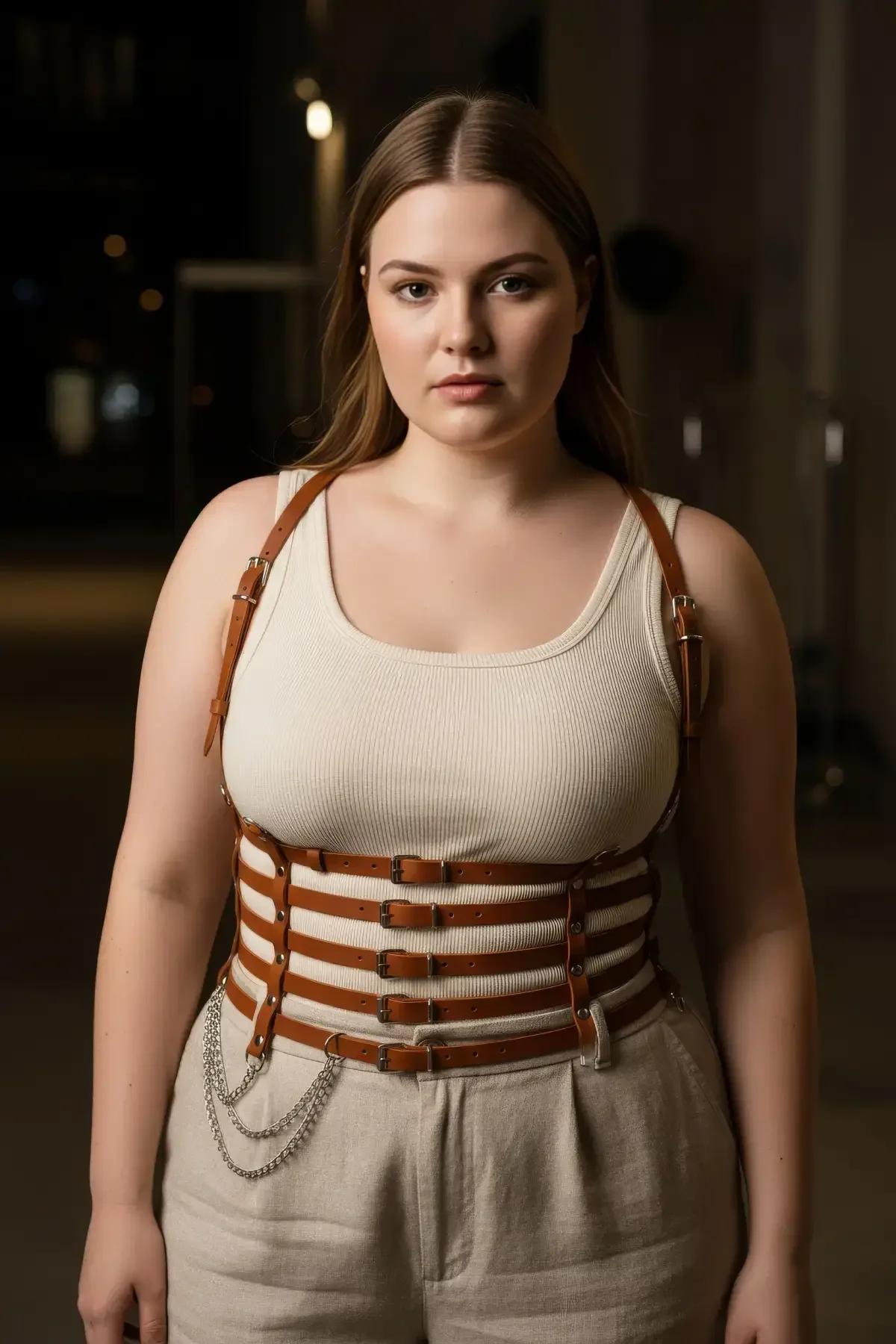 tan PU faux leather harness showing four horizontal strap bands with silver-tone metal buckles at midriff