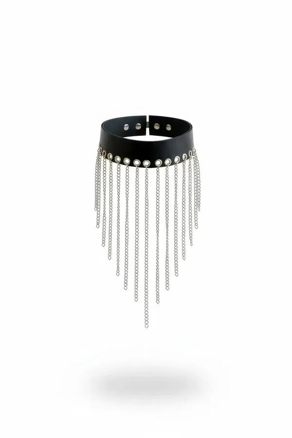 Black faux leather choker with silver grommet row and cascading chain fringe, multiple lengths, white background