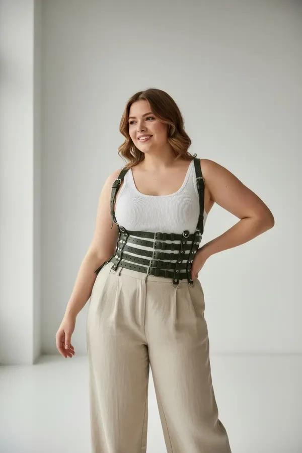 army green caged waist harness vegan leather four horizontal bands silver buckles with shoulder straps