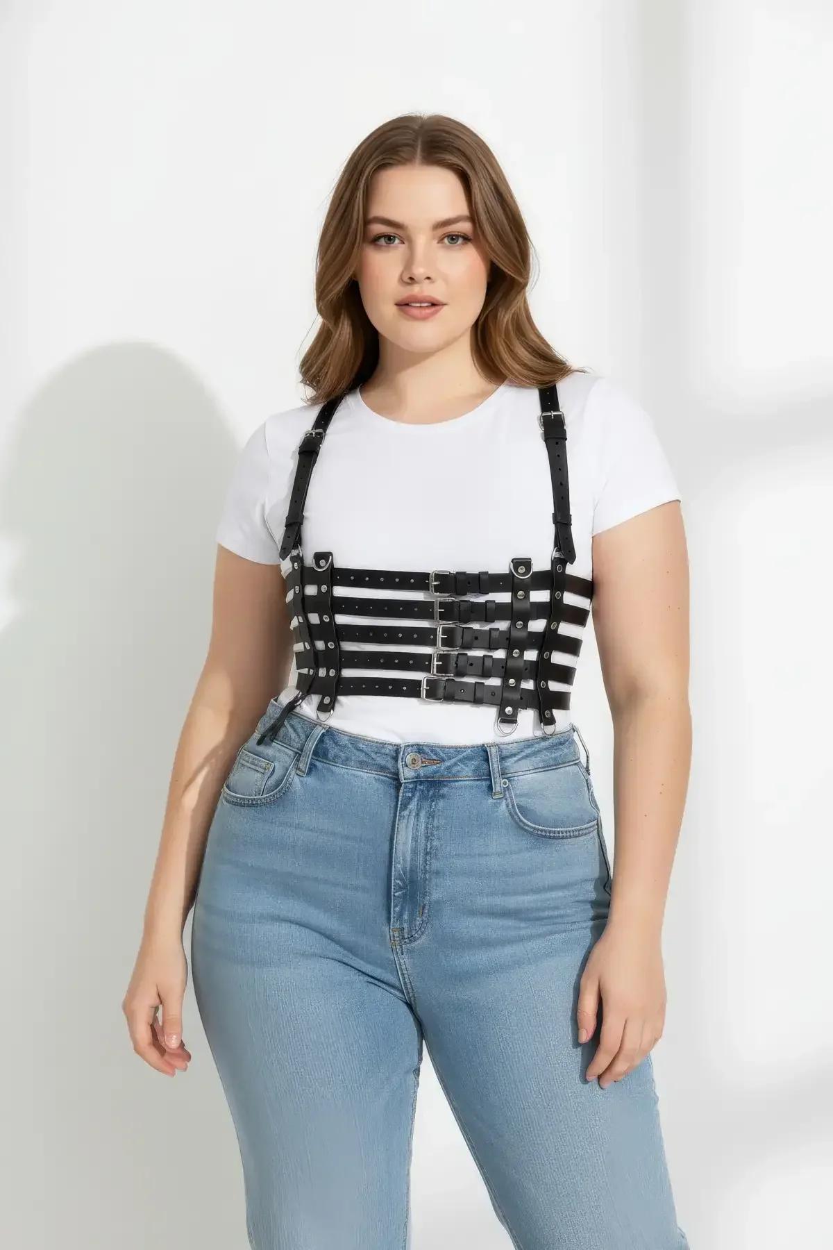 back view of black PU underbust waist harness showing adjustable shoulder straps and silver D-ring hardware
