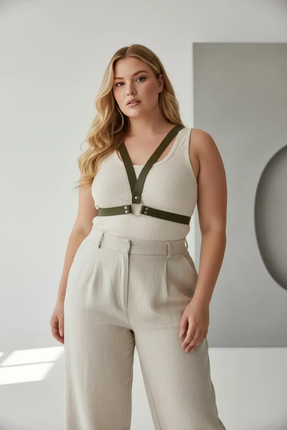 Haki vegan deri harness altın çıtçıt ve halka donanımı yakın plan detay