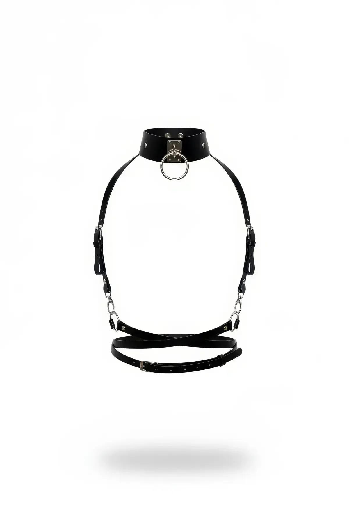 Black faux leather choker harness with silver O-ring, link chains, and crossed waist straps on white background