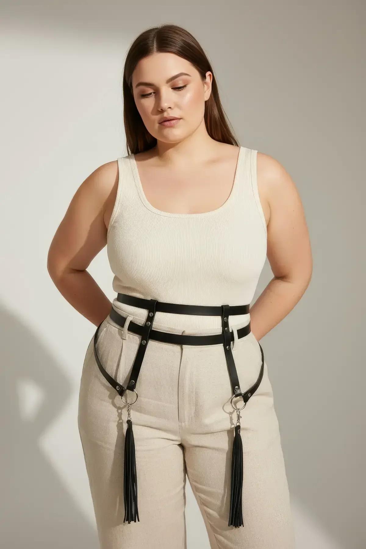 black PU leather waist harness closeup showing silver stud closure and 3 cm band width