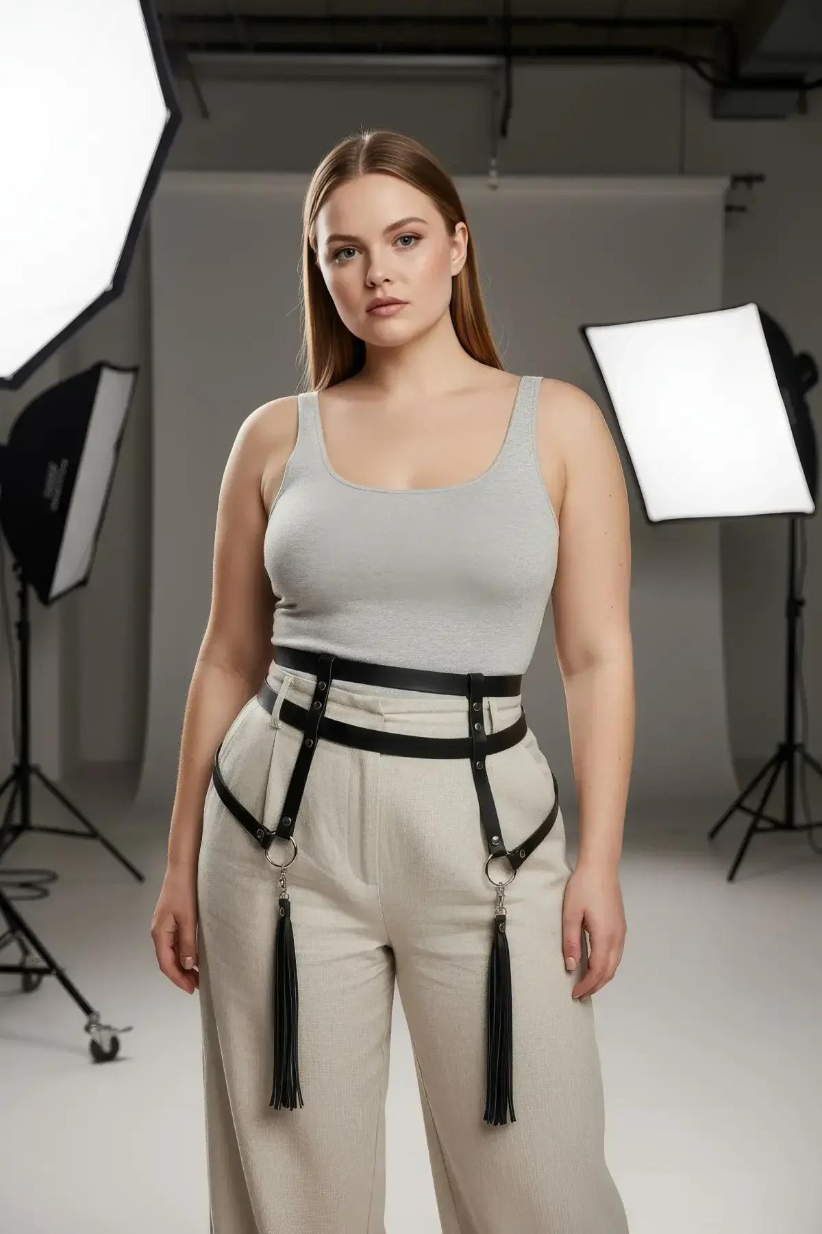 back view of black matte faux leather waist harness with adjustable hip straps