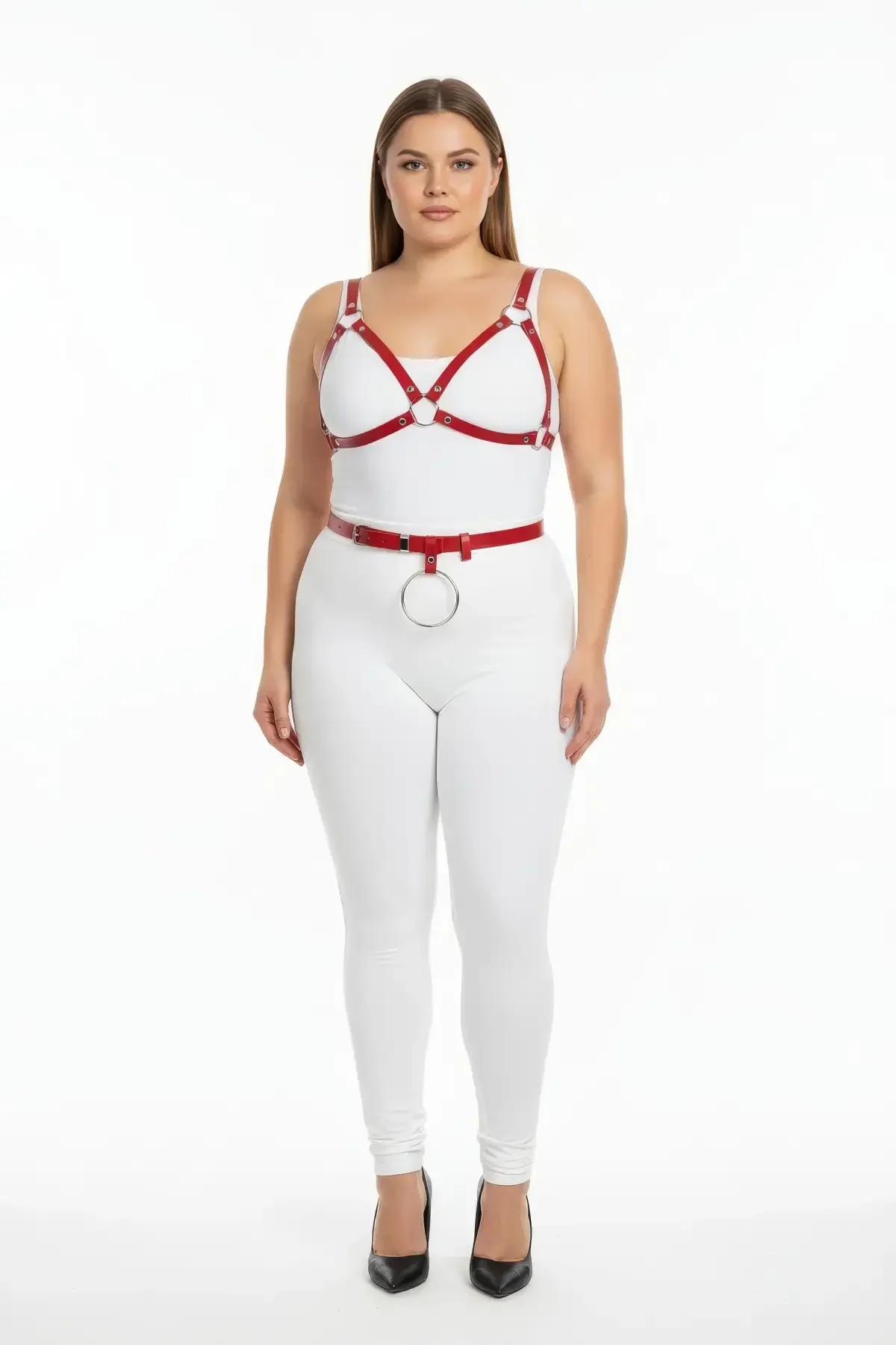red vegan leather bra-style chest harness with silver ring connectors front view
