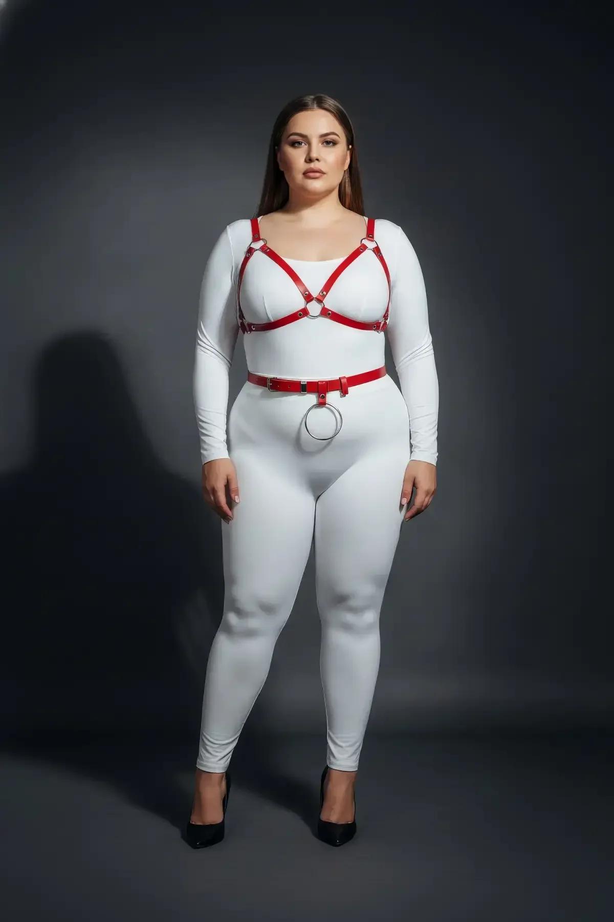 red strappy chest harness adjustable strap and silver hardware detail