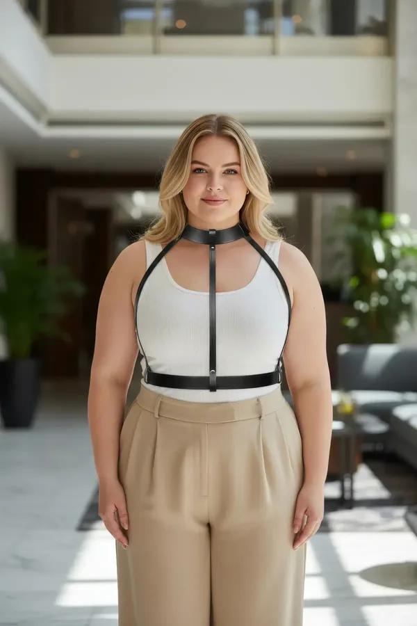 black faux leather body harness with choker collar and underbust band worn over white top plus size model