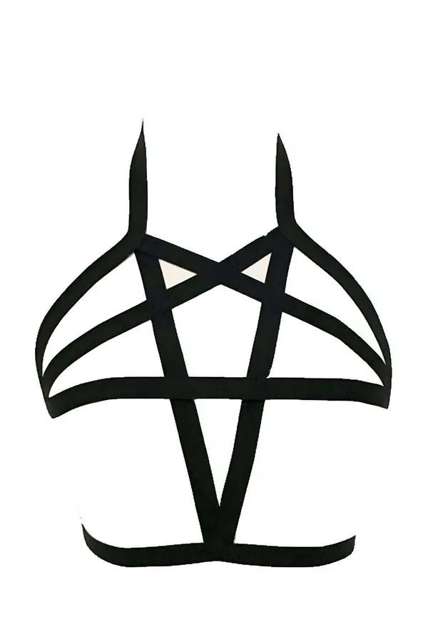 Siyah elastik bantlı pentagram yıldız desenli göğüs harness, çapraz bant yapısı ön görünüm