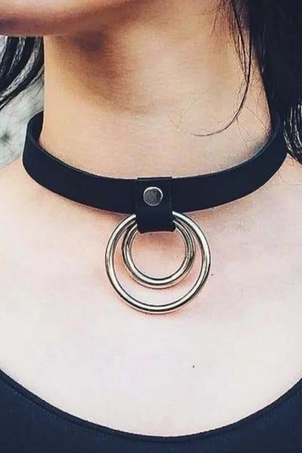 siyah vegan deri ince şerit choker gümüş çift iç içe metal halka detaylı ayarlı boyunluk