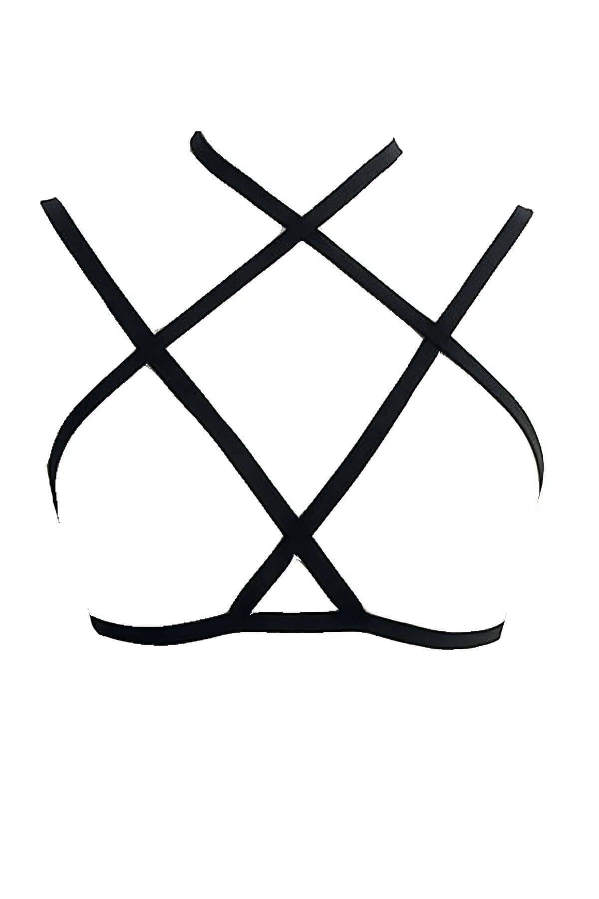 Siyah elastik harness bralet ön görünüm, çift çapraz şerit geometrisi detayı