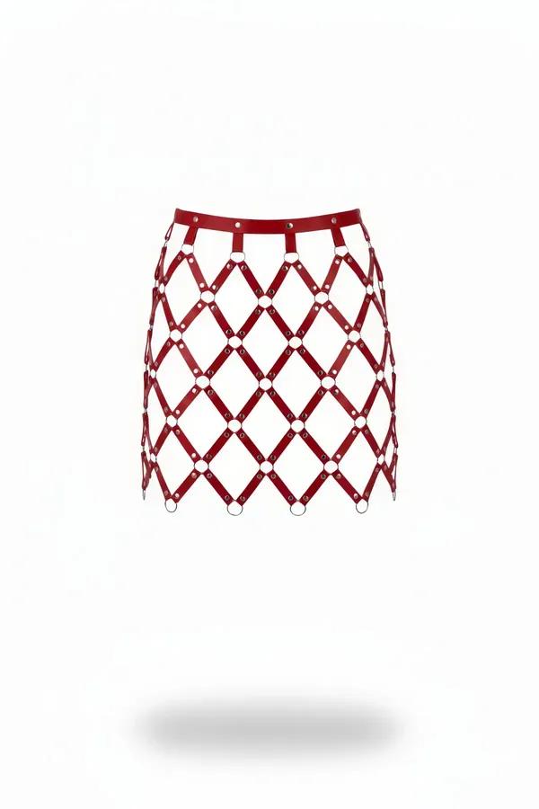 Red faux leather lattice mini skirt with silver O-rings at every diamond intersection, solid waistband, white background