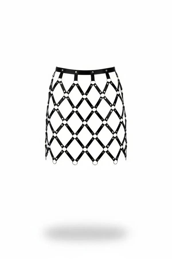 black faux leather cage mini skirt diamond lattice strap grid with silver O-rings at every intersection solid waistband