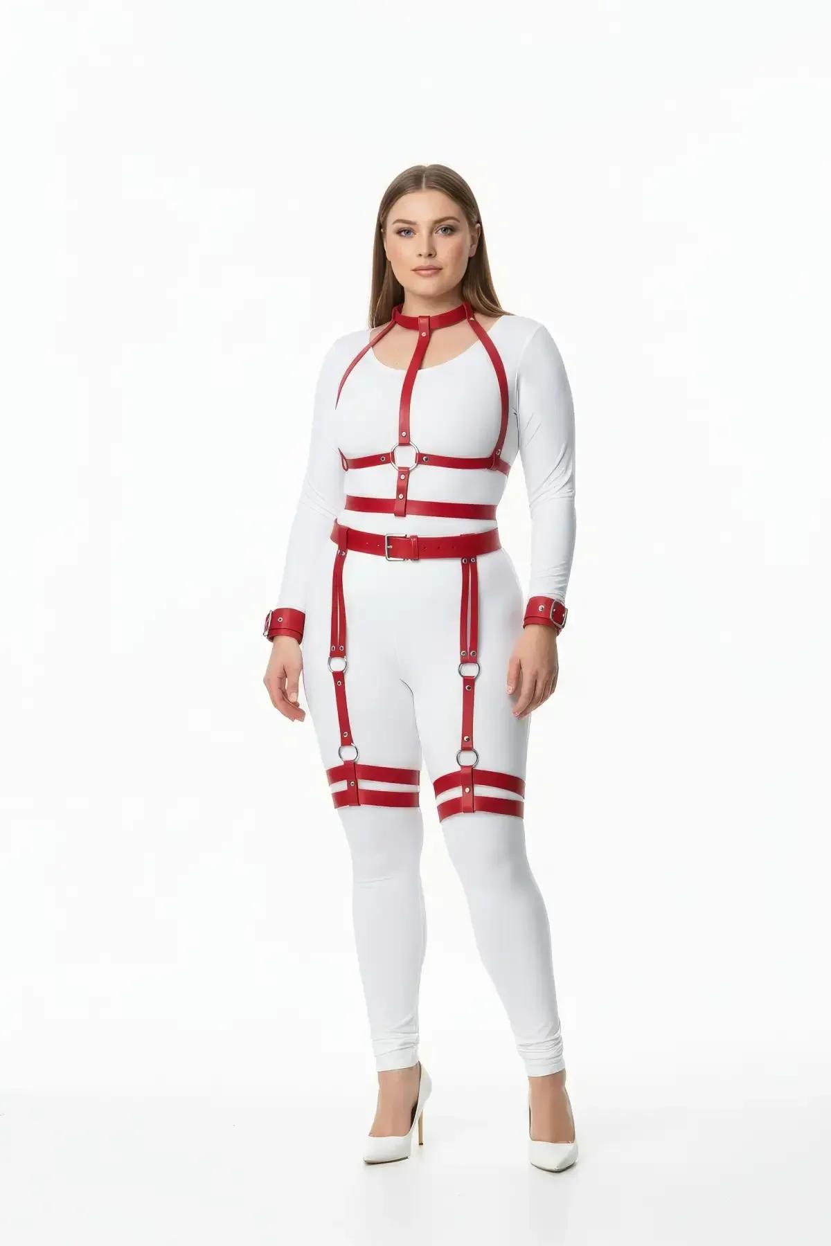 Red faux leather full body harness set with garter straps and wrist cuffs, silver O-rings and buckles, worn over white outfit