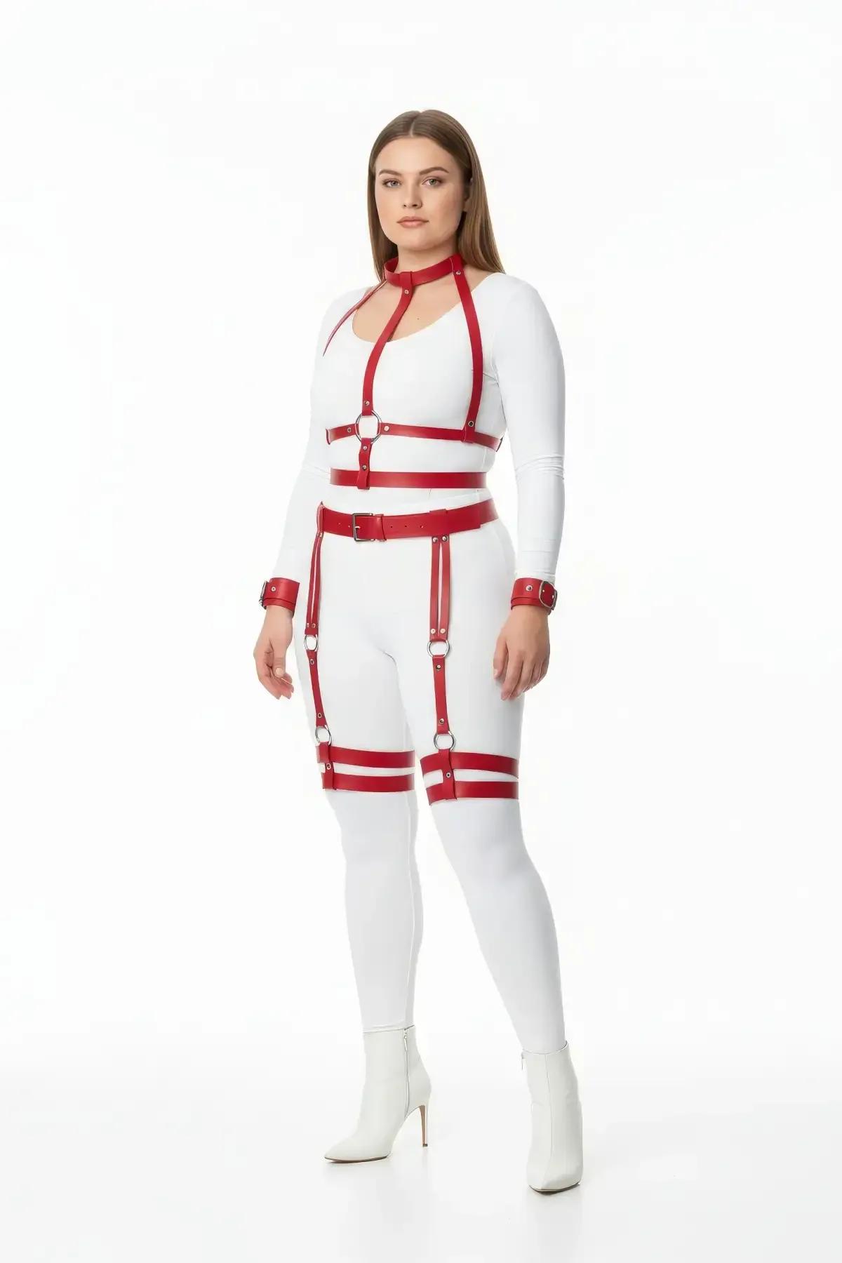 Cherry red PU leather chest harness with collar strap and silver O-ring detail, front view