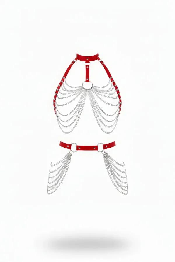 red faux leather chest and waist chain harness set with cascading silver O-ring chains