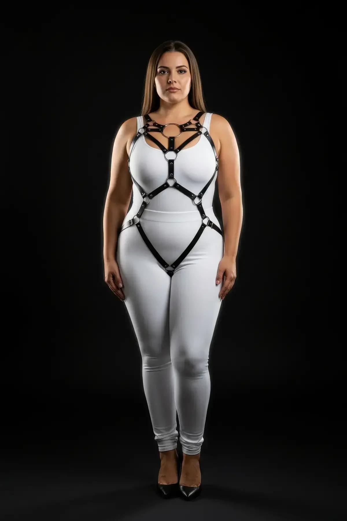 Siyah PU vegan deri harness body göğüs O-halkası yakın çekim, gümüş tonu metal donanım
