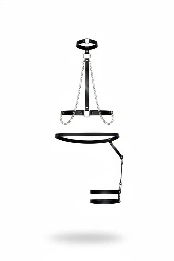 siyah vegan deri harness takım gümüş zincir detaylı choker göğüs harness ve bacak jartiyer seti
