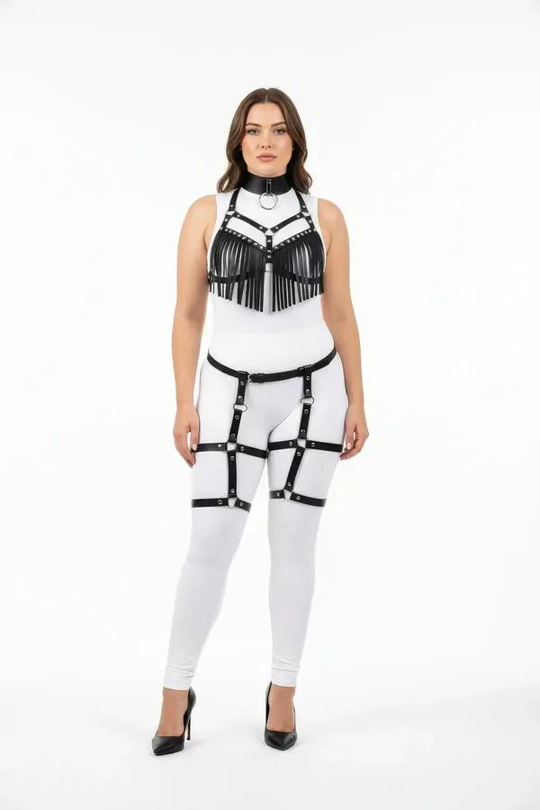 siyah vegan deri büyük beden harness takım püsküllü göğüs parçası choker ve jartiyerli bacak harness gümüş metal toka