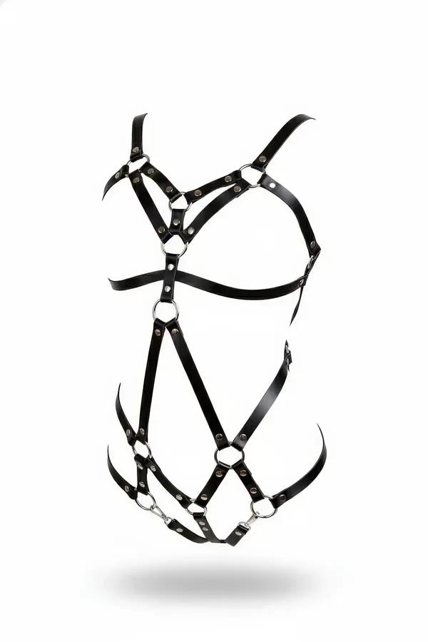 Siyah vegan deri tam vücut harness gümüş O-halkalı geometrik bant yapısı omuzdan bacağa