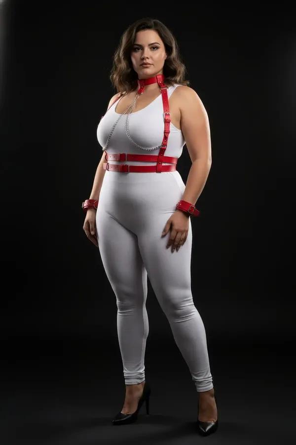 red faux leather chest harness and collar set with silver drape chains and wrist cuffs worn over white bodysuit