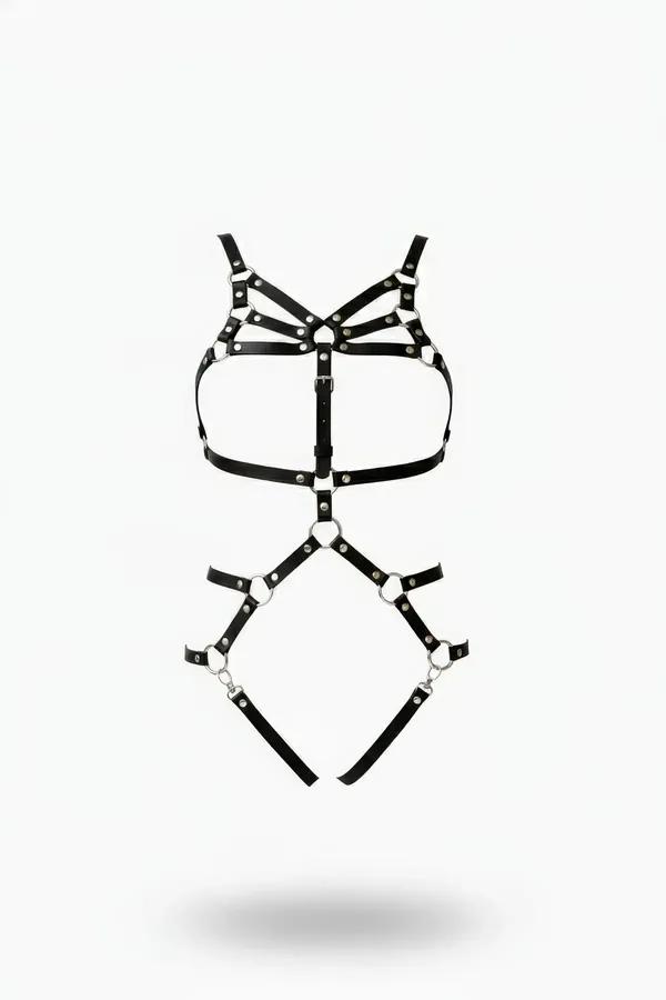 Geometrik desenli siyah faux leather body harness gümüş O-halkalar ve bacak askılı tam vücut tasarımı