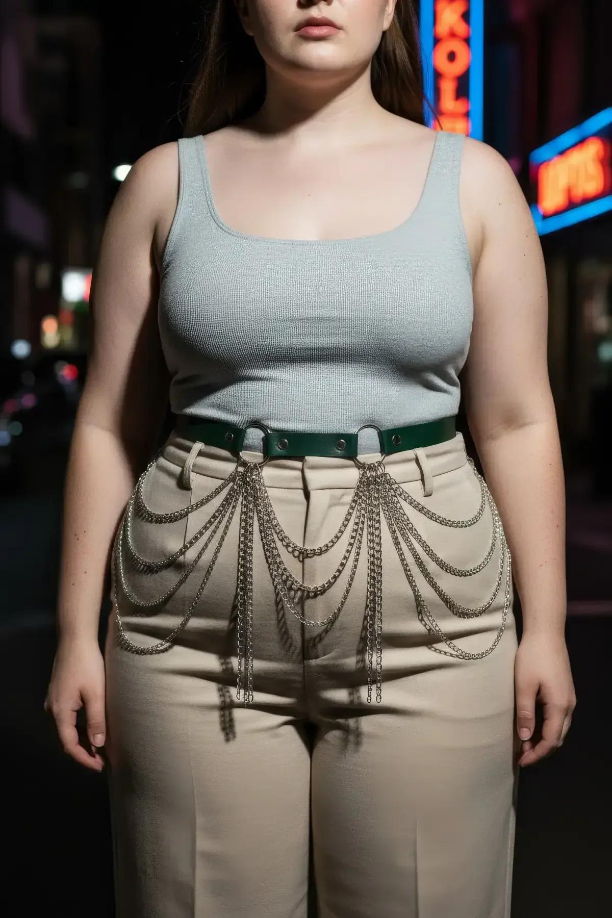 green vegan leather waist harness styled over cream knit top and pleated midi skirt