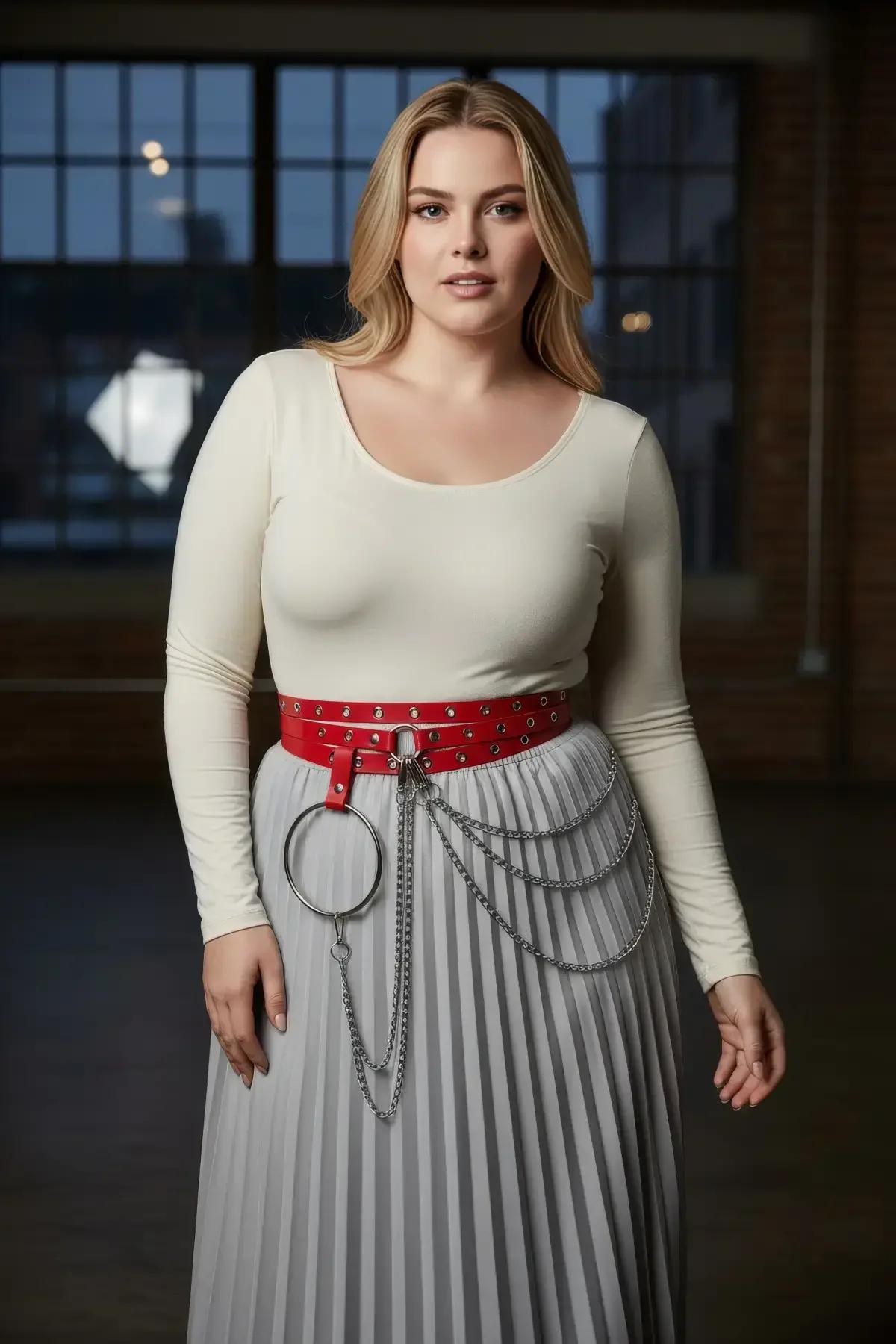 back view of red grommet belt showing adjustable pin buckle and full-length silver grommet row