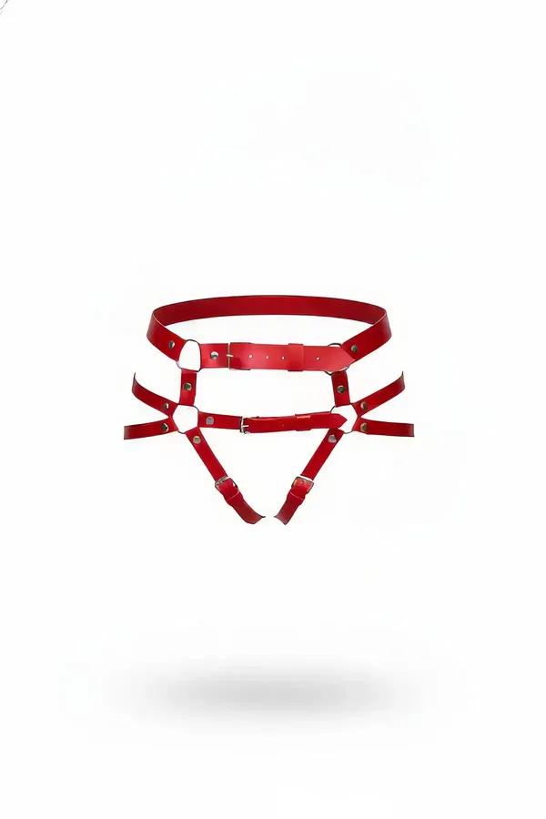 red faux leather waist harness with silver O-rings and adjustable garter straps, smooth gloss finish, white background