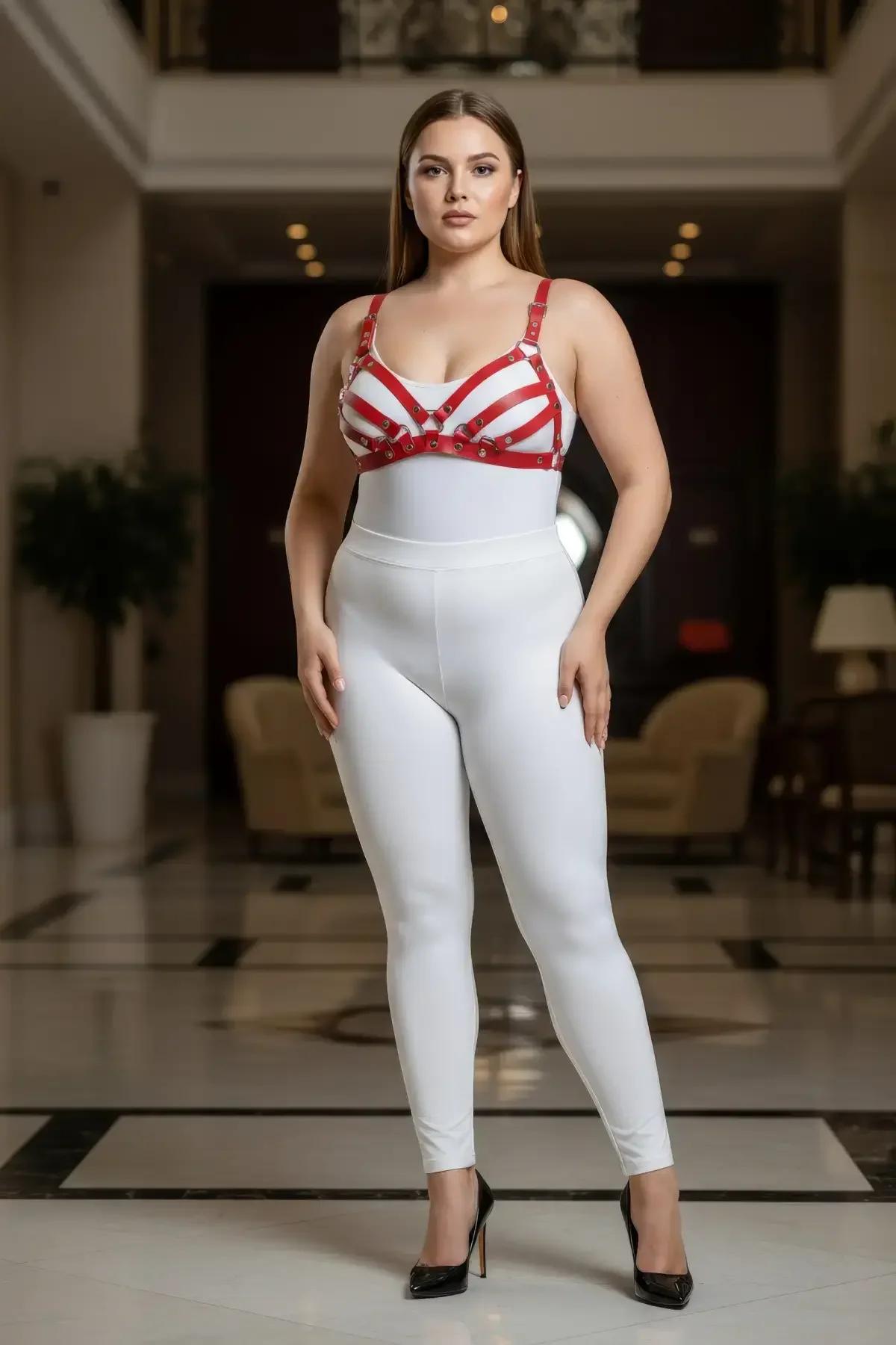 fantazi kırmızı vegan deri harness takım beyaz yüksek bel tayt üzerine kombini