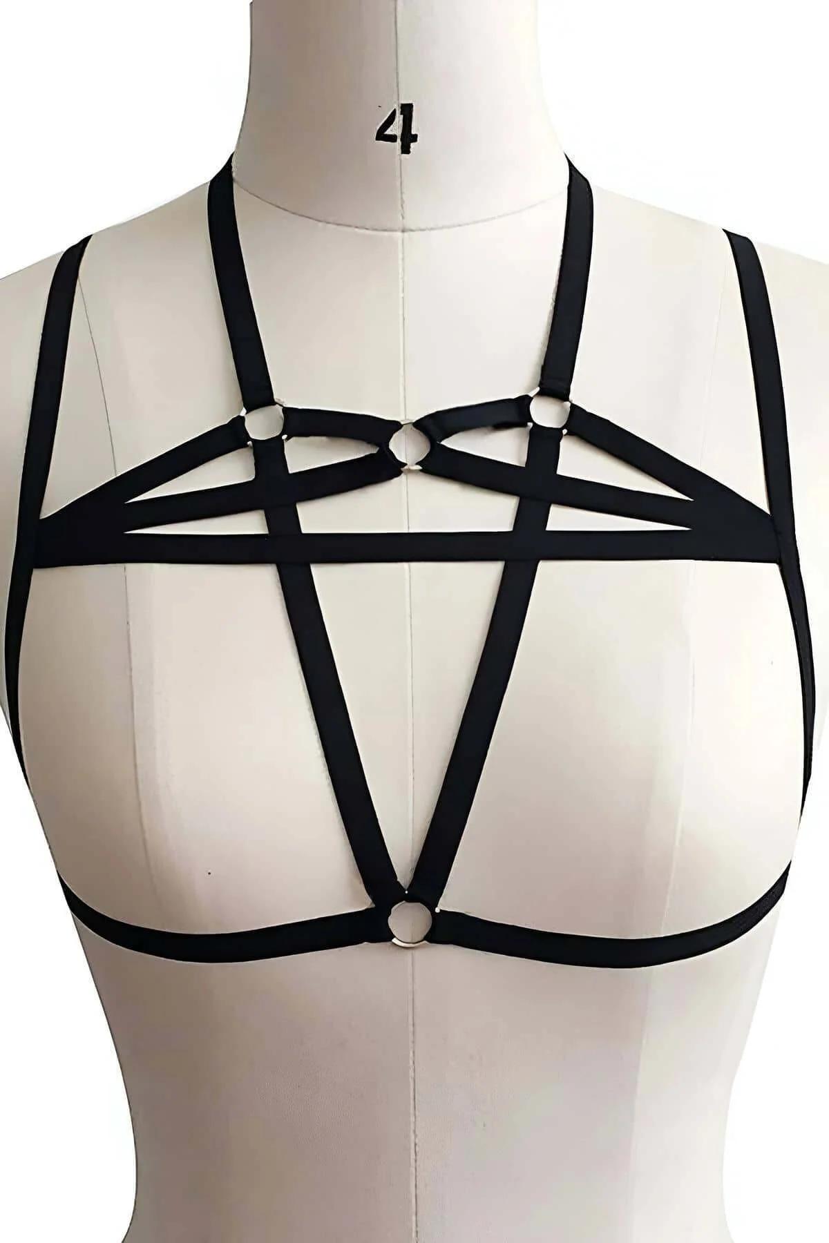 siyah lastik bant geometrik pentagon harness gümüş metal O-ring detay