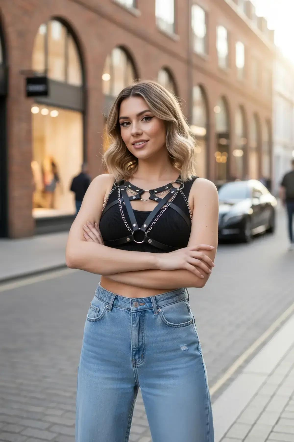 Vegan deri siyah harness aksesuarı, gümüş metal alaşım donanım ve ayarlanabilir omuz bantları