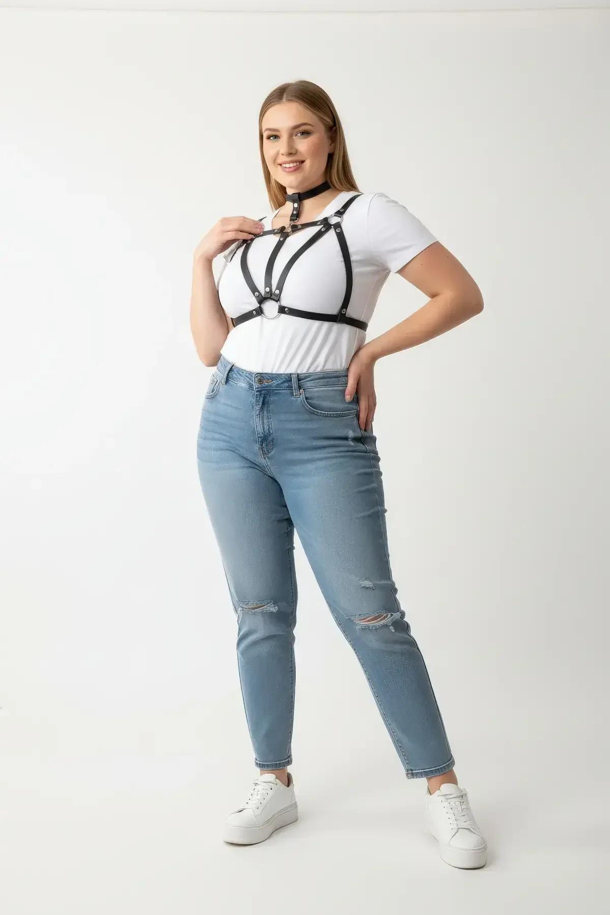 siyah PU deri büyük beden harness choker ile omuzdan göğüse bağlantılı askı sistemi