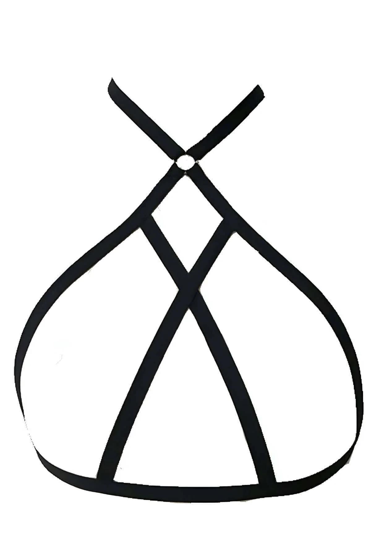 Siyah lastik bant harness ön görünüm, çapraz geometrik kafes desen ve O-ring aksesuar