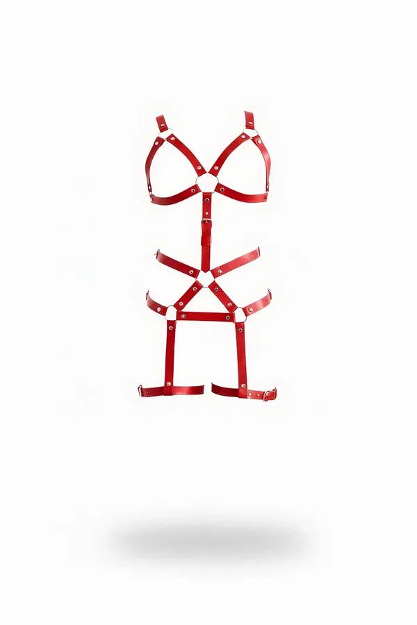 Red faux leather full body harness with triangular chest cage, O-rings, hip frame and thigh garter straps