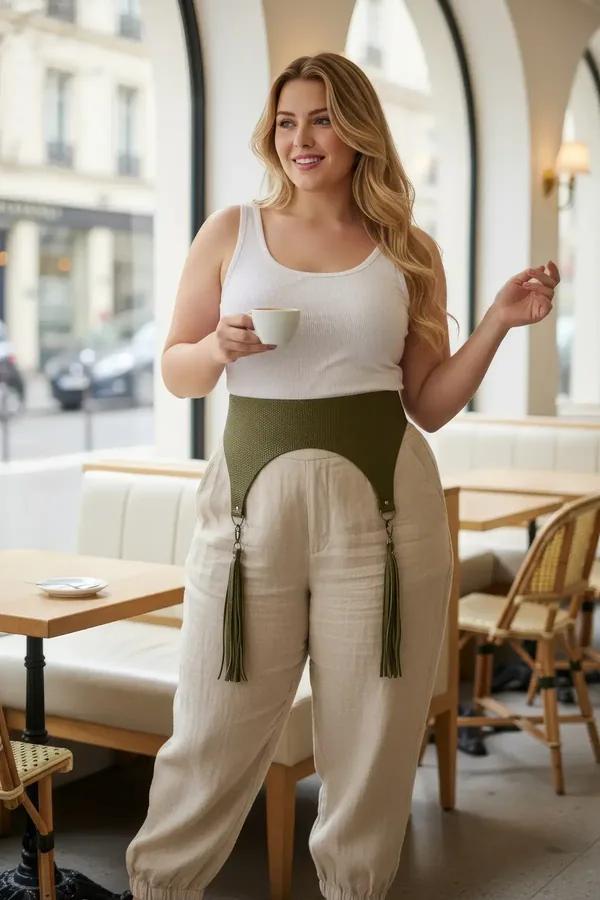 olive green high-waisted underbust harness belt with silver O-ring hardware and matching tassel garters worn over linen trous