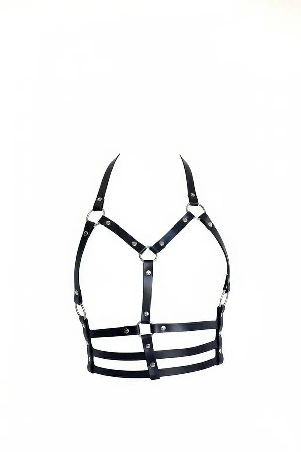 Black faux leather O-ring caged chest harness with triple underbust straps and silver stud rivets