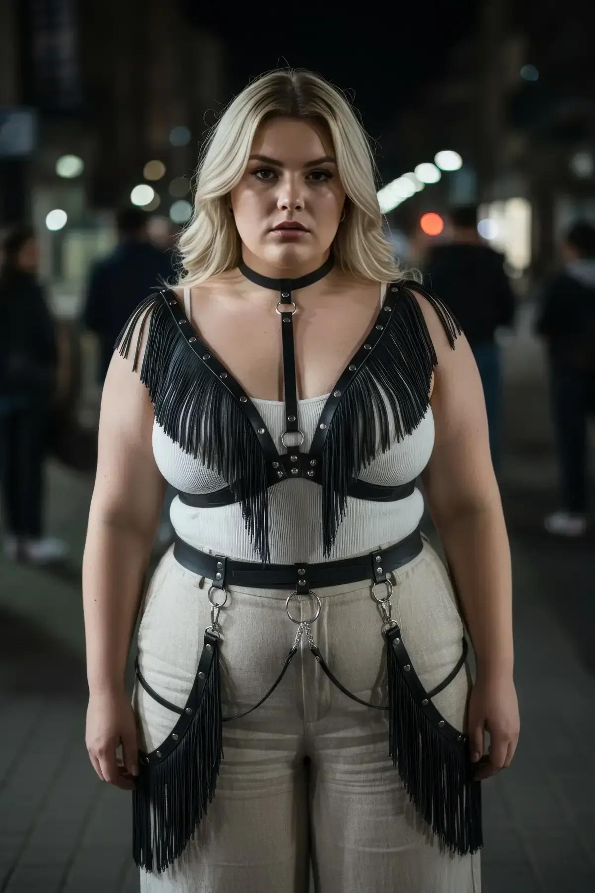 Back view of adjustable shoulder buckles on black fringed faux leather body harness