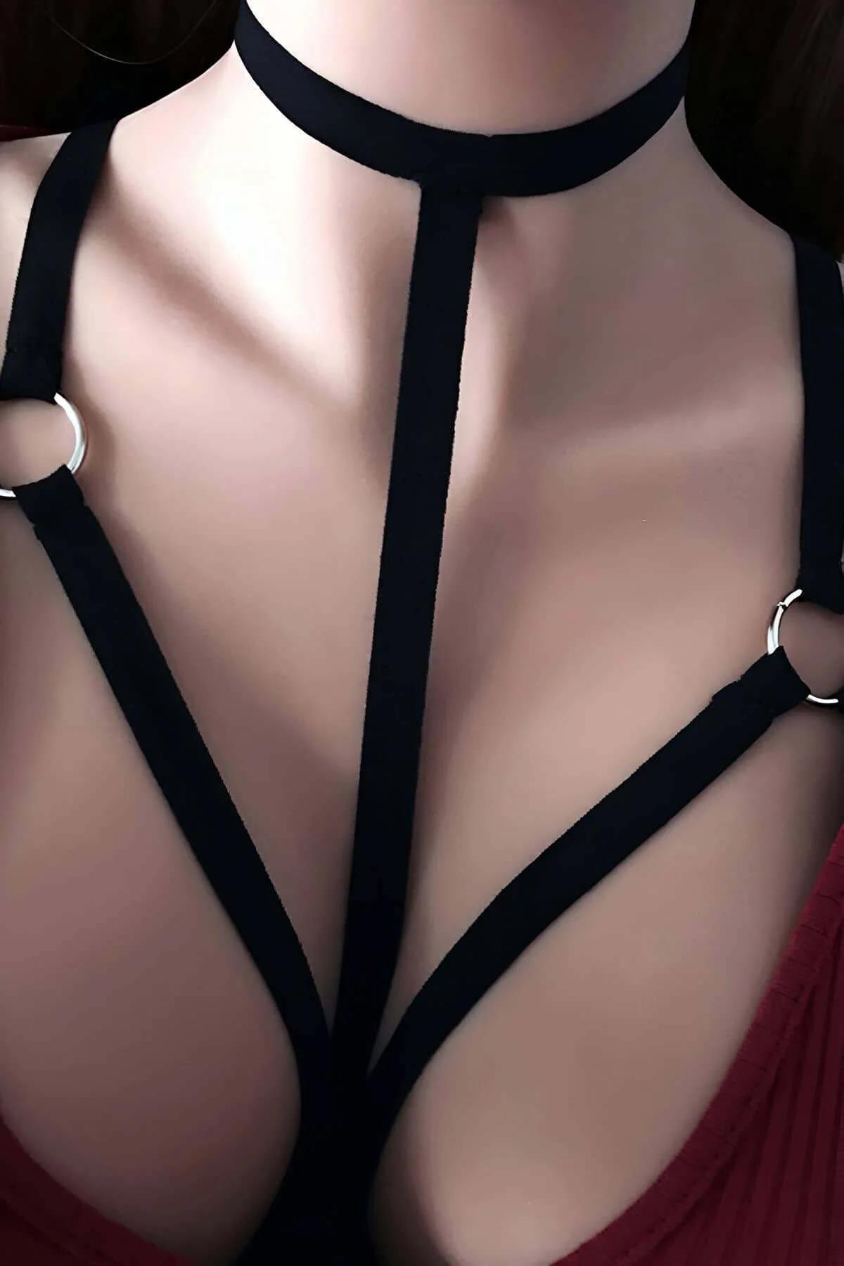 siyah boyunluklu harness ince bant yapısı metal aksam yakın çekim