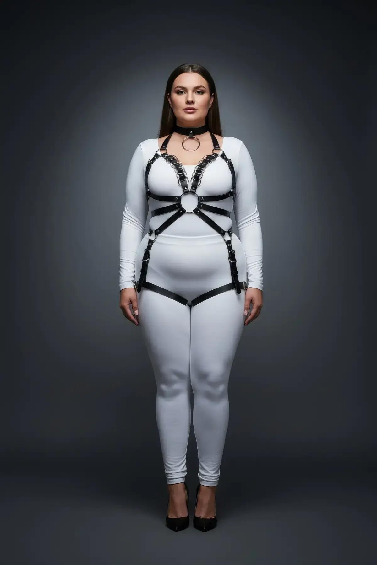 full body harness siyah bel ve kalça bandı gümüş toka detayı