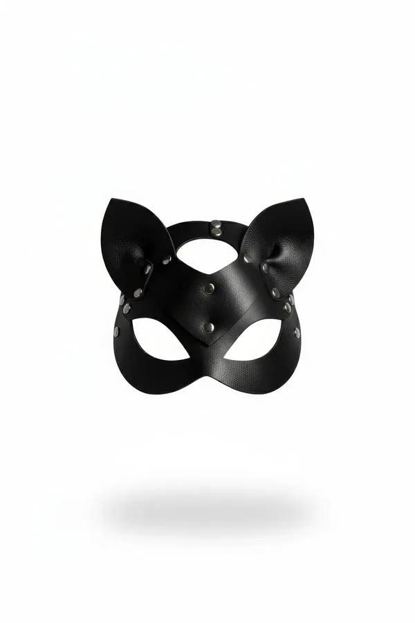 black faux leather cat eye mask with silver dome studs and pointed ears, front view