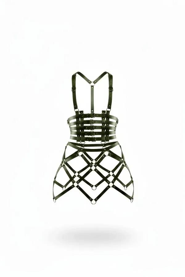 Olive green faux leather cage skirt harness with diamond-lattice strap grid and matte black O-ring hardware
